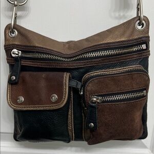 Fossil Black Leather and Brown Suede Crossbody Shoulder Bag Steampunk Biker Y2K